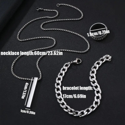 Picture of 3-Piece Mens Stainless Steel Glamour - Fashionable Pendant Necklace Bracelet & Ring Set for Men Silver 