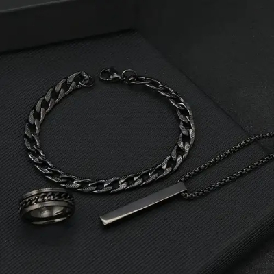Picture of Fashionable Pendant Necklace, Bracelet & Ring Set for Everyday Chic Style-Combo Set  for Men Black 