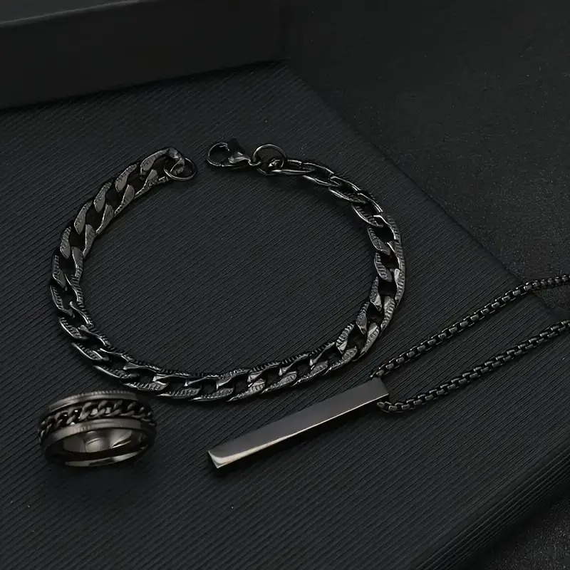 Picture of Fashionable Pendant Necklace, Bracelet & Ring Set for Everyday Chic Style-Combo Set  for Men Black 
