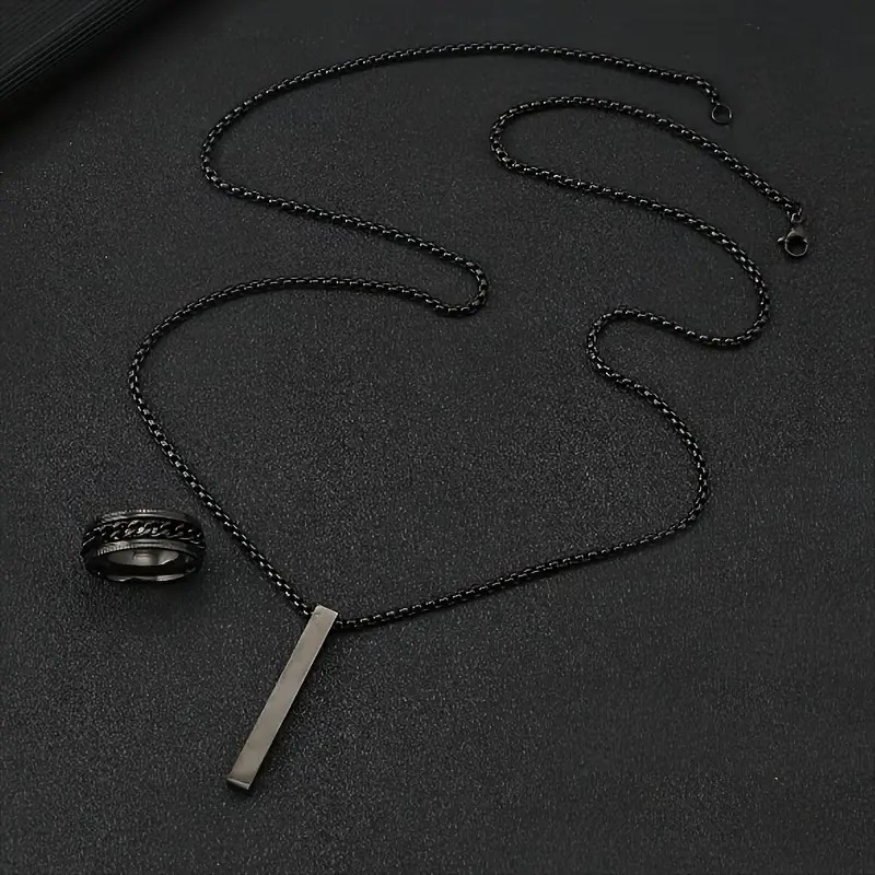 Picture of Fashionable Pendant Necklace, Bracelet & Ring Set for Everyday Chic Style-Combo Set  for Men Black 