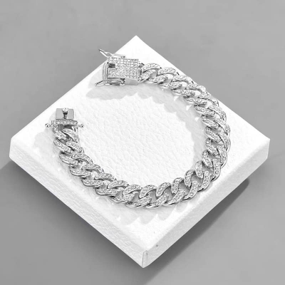 Picture of Trendsetter -Upscale Living -New style Men Cuban Link Chain Bracelet Shiny Rhinestone Inlaid Bangle Jewelry- Inventive Choice -For Men Silver 