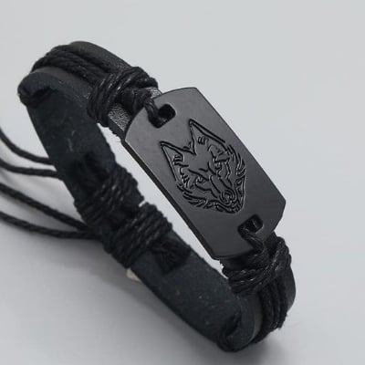 Picture of Braided Punk Style Leather Bracelet Black Wolf Head for Men Beige 