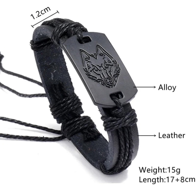 Picture of Braided Punk Style Leather Bracelet Black Wolf Head for Men Beige 