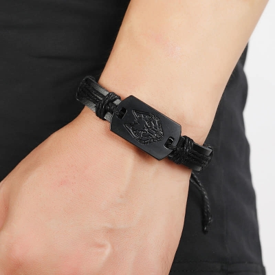 Picture of Braided Punk Style Leather Bracelet Black Wolf Head for Men Beige 