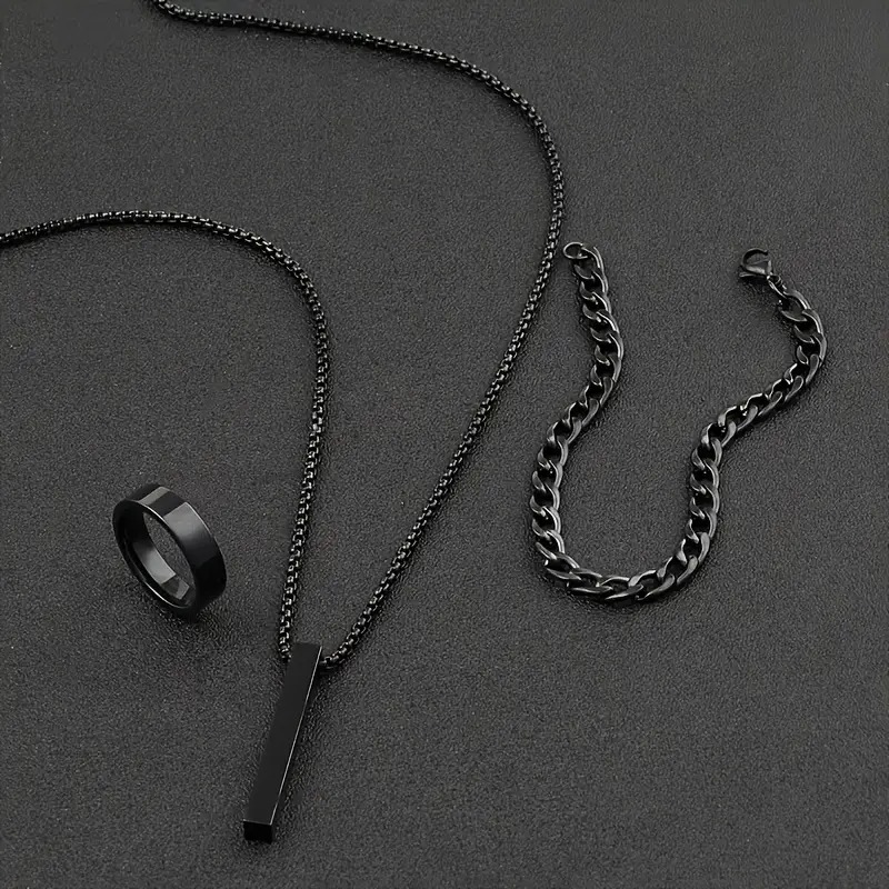 Picture of Stainless Steel Geometric Pendant Necklace -Necklace Bracelet & Ring Set for Men  