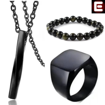Picture of Stainless Steel Geometric Pendant Necklace -Necklace Bracelet & Ring Set for Men  