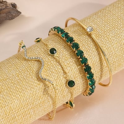 Picture of Green 4Pcs/Set Fashionable Snake Imitation Gemstone Bangle Rhinestone Full Metal Bracelet For Women - Bracelet For Women - Bracelet For Women Gold 
