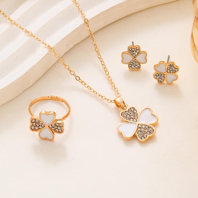 Picture of New Four Leaf Clover Jewelry Set, 4 Leaf Clover Pendant Necklace Earrings Ring Set,Adjustable Zirconia Clover Jewelry Sets Earring Set For Women  