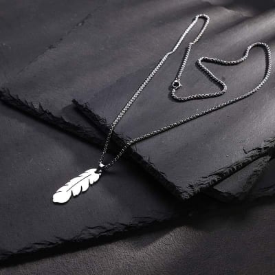 Picture of Necklace with Pendant- Elegant Feather Long Necklace for Men- Gold-Coloured Necklace-Jewellery Gift-Male Jewellery Birthday Gifts for Men Silver 