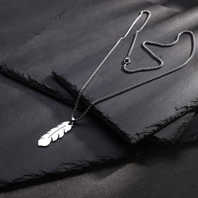 Picture of Necklace with Pendant- Elegant Feather Long Necklace for Men- Gold-Coloured Necklace-Jewellery Gift-Male Jewellery Birthday Gifts for Men Silver 