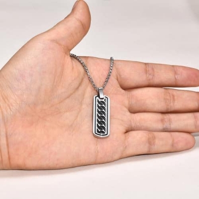 Picture of Men's Bar Necklace Black Pendant with Stainless Steel Box Chain Elegant Simple  Chain for Men Silver 