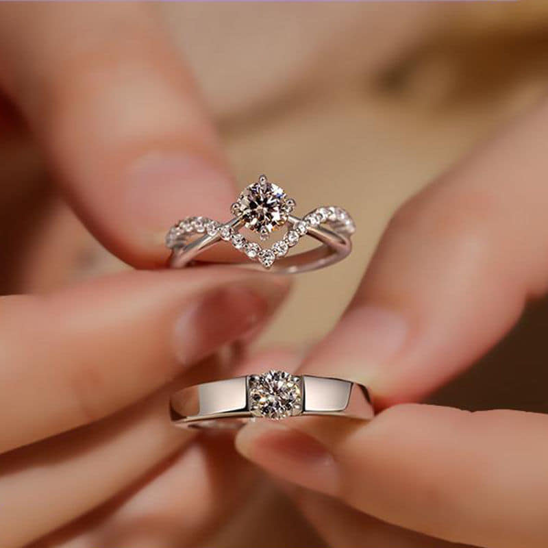 Picture of Crowning Love, Couple Rings, Four Prongs, 1 Zircon Diamond Rings, Pair of Wedding Rings for Men and Women, Crown Open Pair Rings5 Silver 