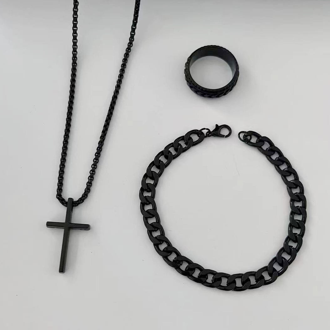 Picture of Men's Sleek Stainless Steel Geometric Pendant Necklace -Necklace Bracelet & Ring Set for Men Black 