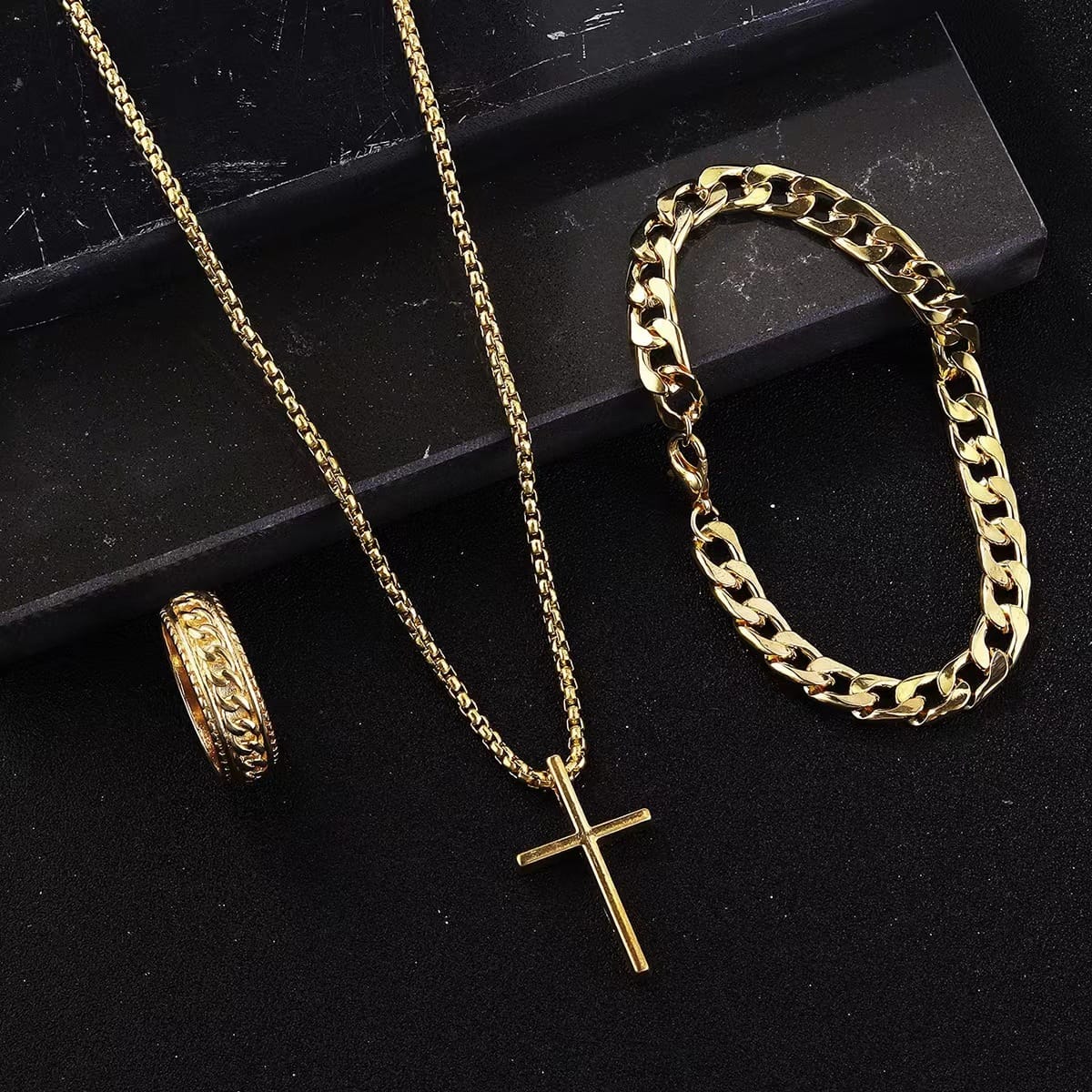 Picture of 3pcs/set Men's Fashion Alloy Cross Pendant Necklace + Bracelet + Ring Set  for Men Gold 