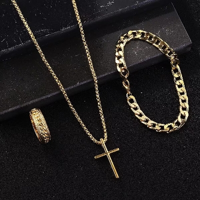 Picture of 3pcs/set Men's Fashion Alloy Cross Pendant Necklace + Bracelet + Ring Set  for Men Gold 