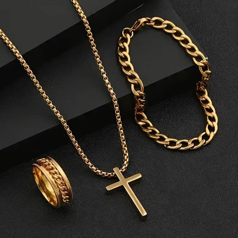 Picture of 3pcs/set Men's Fashion Alloy Cross Pendant Necklace + Bracelet + Ring Set  for Men Gold 