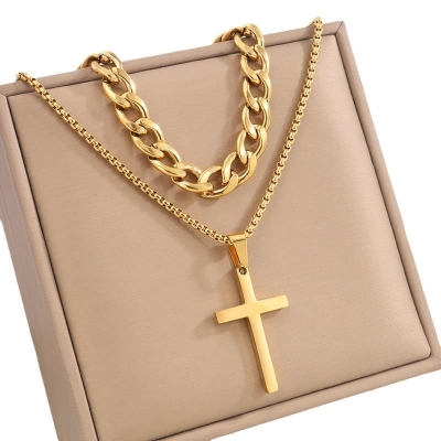 Picture of 3pcs/set Men's Fashion Alloy Cross Pendant Necklace + Bracelet + Ring Set  for Men Gold 