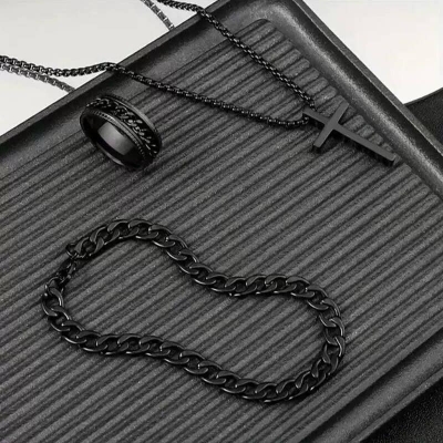 Picture of Style 3-Piece Fashion Jewelry Set  Stainless Steel, Simple Golden Necklace Combo for Men Casual Accessories  