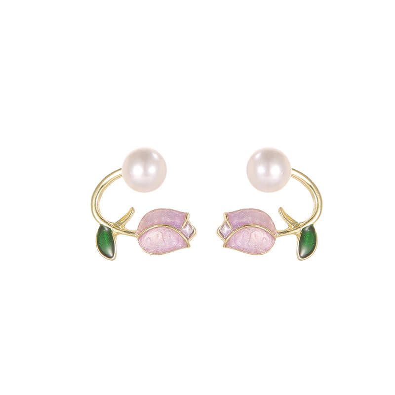 Picture of Pearl Tulip Flower Earrings for Women Pink Adjustable
