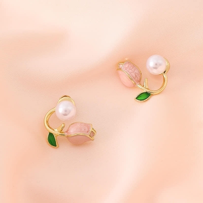Picture of Pearl Tulip Flower Earrings for Women Pink Adjustable