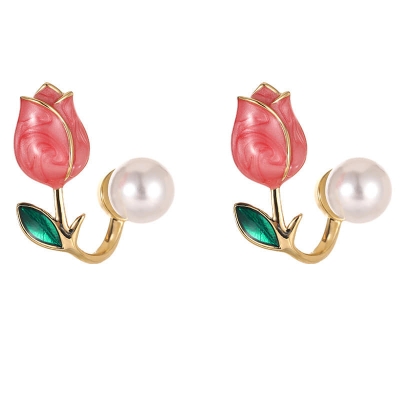 Picture of Pink Tulip Pearl Stud Earrings For Women Two Ways To Wear Ear Studs For Daily Life Party Jewelry Lightweight Ear Cuff Tulip Red Adjustable