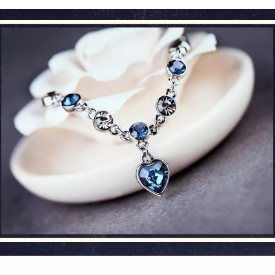 Picture of Japan Korea Elegant Blue Stone Crystal Love Bracelet  For Women Girls Sweet Colorful Flower Gold Color Metal Chain Bracelets Aesthetic Jewelry Blue 