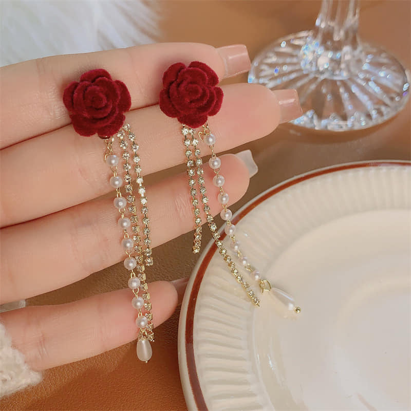 Picture of Red Flower Simulated-pearl Long Tassel Dangle Earrings for Women Red 