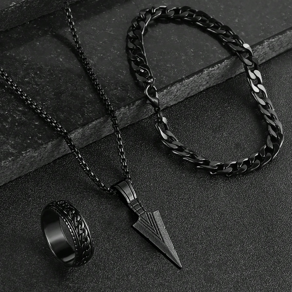 Picture of Premium Stainless Steel Norse-Inspired Arrow Pendant, Thick Cuban Bracelet & Textured Ring Set  