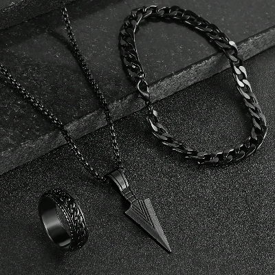 Picture of Premium Stainless Steel Norse-Inspired Arrow Pendant, Thick Cuban Bracelet & Textured Ring Set  