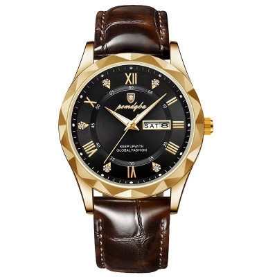Picture of High-End Men’s Fashion Watch with Brown Leather Strap and Gold Finish  