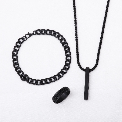 Picture of Golden Men's Sleek Stainless Steel Geometric Pendant Necklace -Necklace Bracelet & Ring Set for Men  