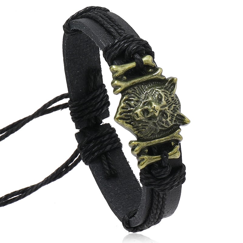 Picture of Hip Hop Rock Band Bracelet Steampunk Band Symbol Adjustable Wolf Head Charm Leather Bracelets Men Women Collection Black 