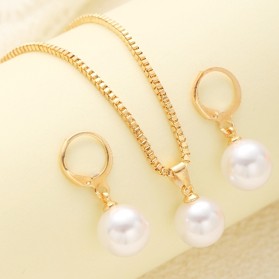 Picture of 3 Pcs Round Pearl Jewelry Set Of Earring Pendant Necklace For Women Exquisite Fashion Rhinestone Double Wedding Jewelry Set Gift Gold 