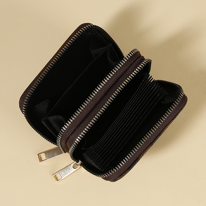 Picture of double zipper Credit Card Case Holder Wallet with ID Window Zipper Small Brown 
