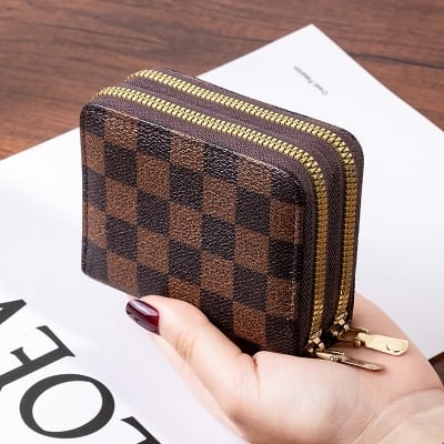 Picture of double zipper Credit Card Case Holder Wallet with ID Window Zipper Small Brown 