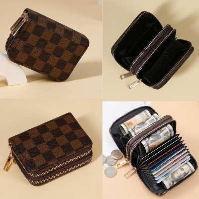 Picture of double zipper Credit Card Case Holder Wallet with ID Window Zipper Small Brown 