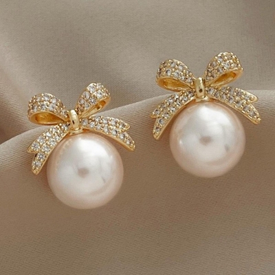 Picture of Luxury Rhinestone Bowknot Pearl Drop Earrings - Gold Plated Gold Adjustable