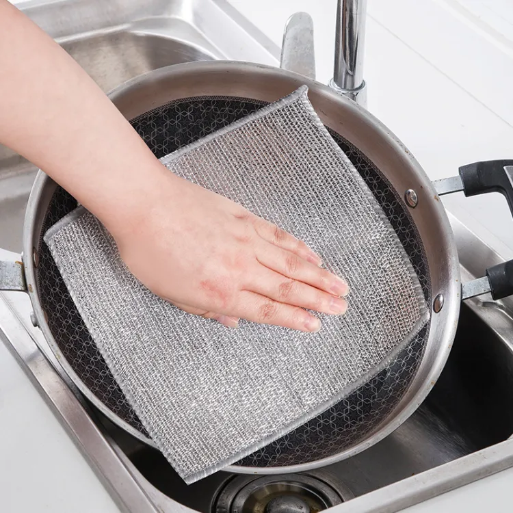 Picture of 5 Pcs double ply Non-Scratch Steel Wire Dishcloth Daily Cleaning Cloth Non Stick Oil Wiping Cloth Kitchen Stove Dishwashing Pot Washing Dishes Silver
