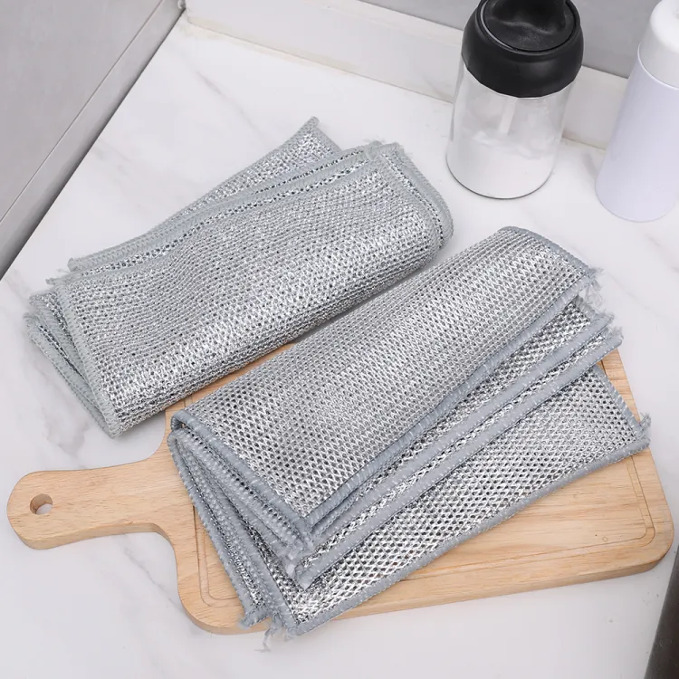 Picture of 5 Pcs double ply Non-Scratch Steel Wire Dishcloth Daily Cleaning Cloth Non Stick Oil Wiping Cloth Kitchen Stove Dishwashing Pot Washing Dishes Silver