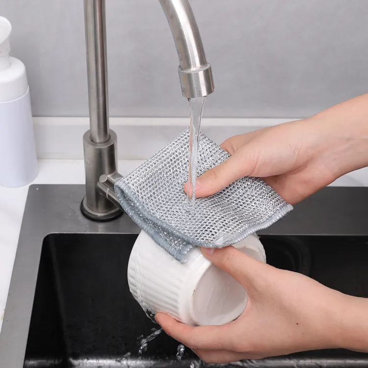 Picture of 5 Pcs double ply Non-Scratch Steel Wire Dishcloth Daily Cleaning Cloth Non Stick Oil Wiping Cloth Kitchen Stove Dishwashing Pot Washing Dishes Silver