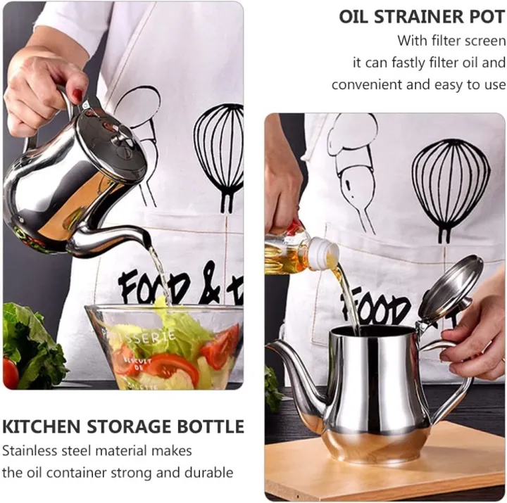 Picture of Stainless Steel Oil Pot Or Use As Tea Kettle Strainer Container Jug-500ml Silver