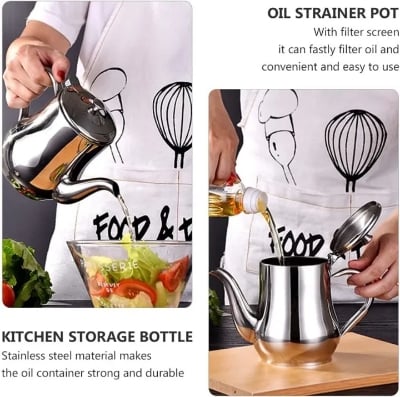 Picture of Stainless Steel Oil Pot Or Use As Tea Kettle Strainer Container Jug-500ml Silver