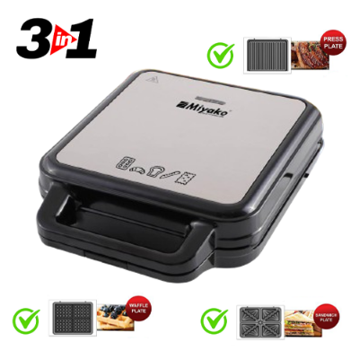 Picture of 3 In 1 Miyako Sandwich Maker SM-012-HY with Sandwich Plate, Grill Plate & Waffle Plate MulticolorSM-012-HY