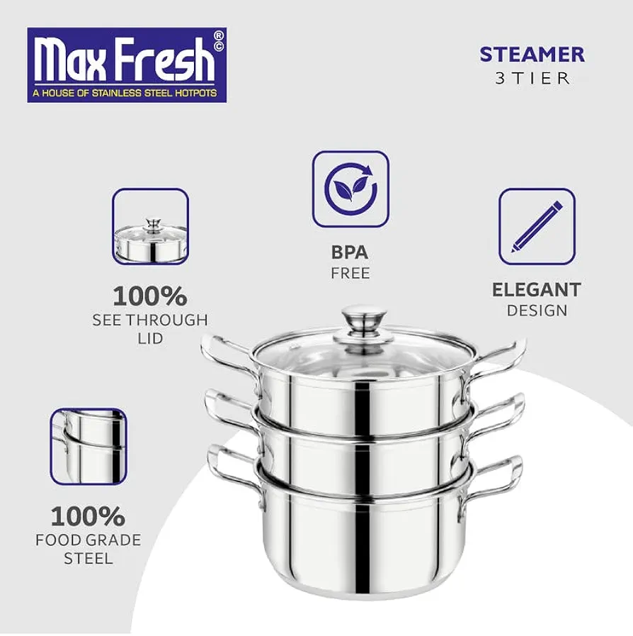 Picture of 24cm Maxfresh Stainless Steel Steamer/Modak/Momo Maker with See through Lid, (24cm x 3 tier),Silver Silver