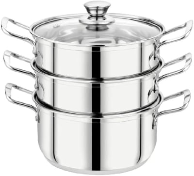 Picture of 24cm Maxfresh Stainless Steel Steamer/Modak/Momo Maker with See through Lid, (24cm x 3 tier),Silver Silver