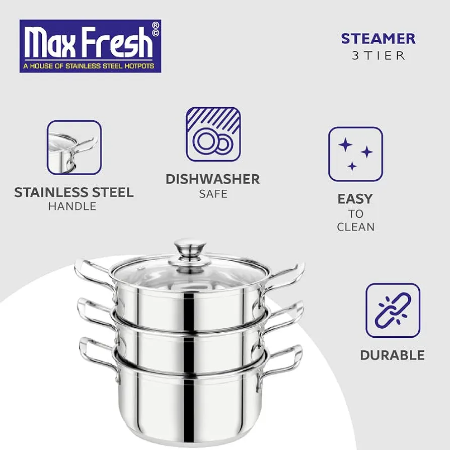 Picture of 24cm Maxfresh Stainless Steel Steamer/Modak/Momo Maker with See through Lid, (24cm x 3 tier),Silver Silver