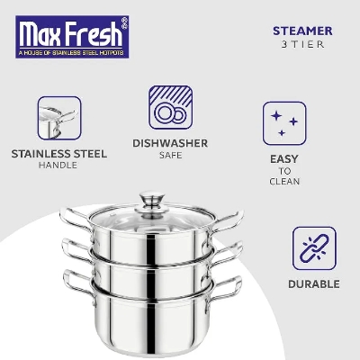Picture of 24cm Maxfresh Stainless Steel Steamer/Modak/Momo Maker with See through Lid, (24cm x 3 tier),Silver Silver