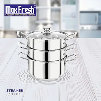 Picture of 24cm Maxfresh Stainless Steel Steamer/Modak/Momo Maker with See through Lid, (24cm x 3 tier),Silver Silver