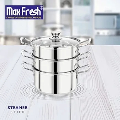 Picture of 24cm Maxfresh Stainless Steel Steamer/Modak/Momo Maker with See through Lid, (24cm x 3 tier),Silver Silver