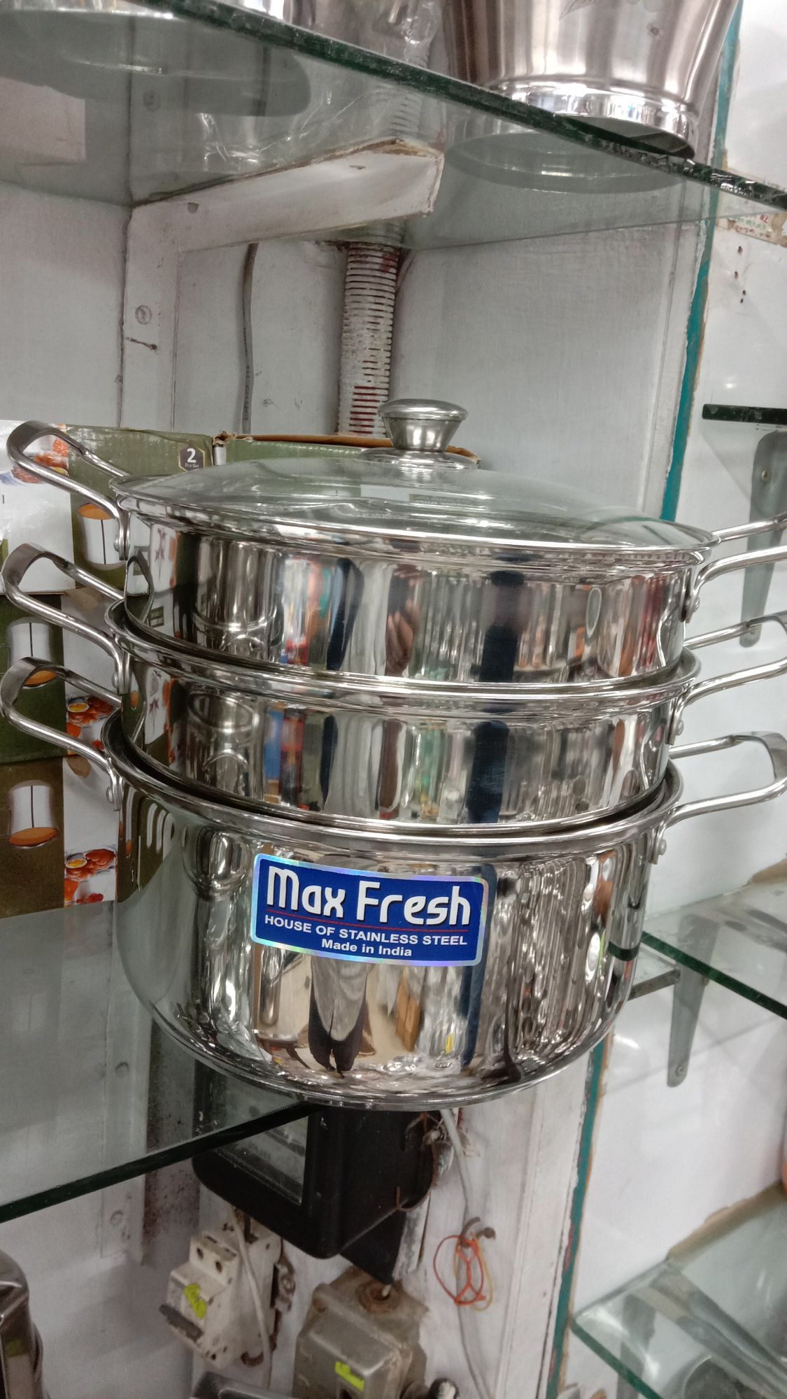 Picture of 24cm Maxfresh Stainless Steel Steamer/Modak/Momo Maker with See through Lid, (24cm x 3 tier),Silver Silver